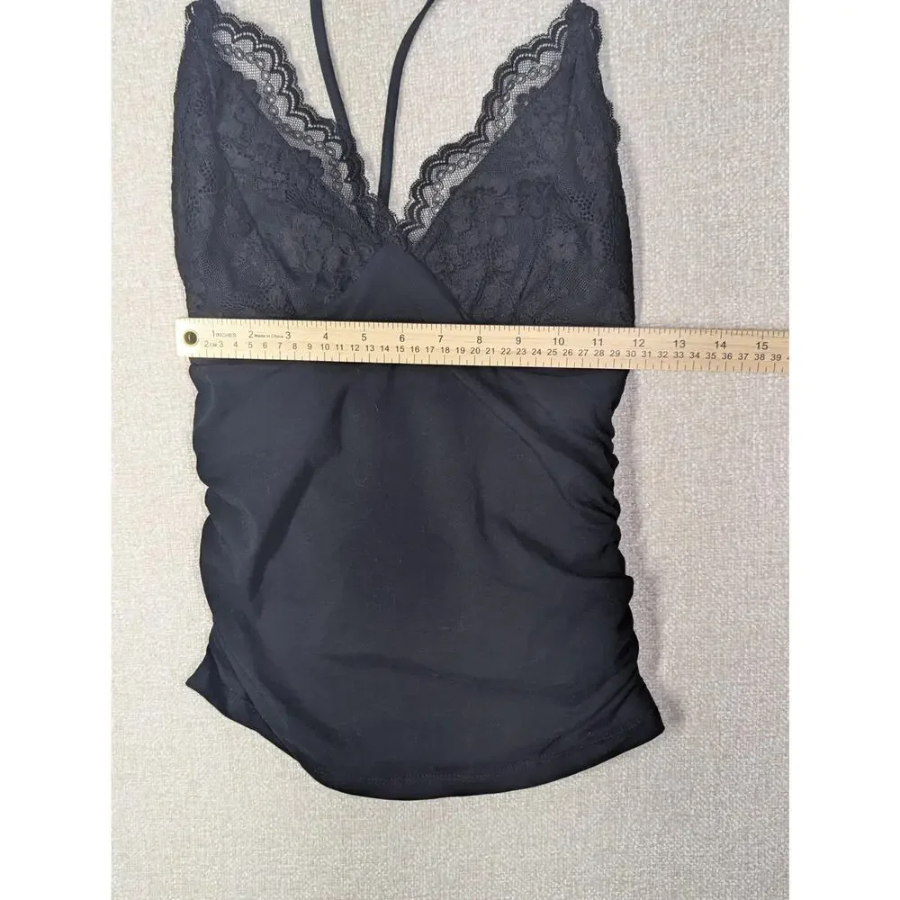 Soft Goth Lace Halter Cami | Black Ruched Y2K Clubwear Top - Picture 4 of 5